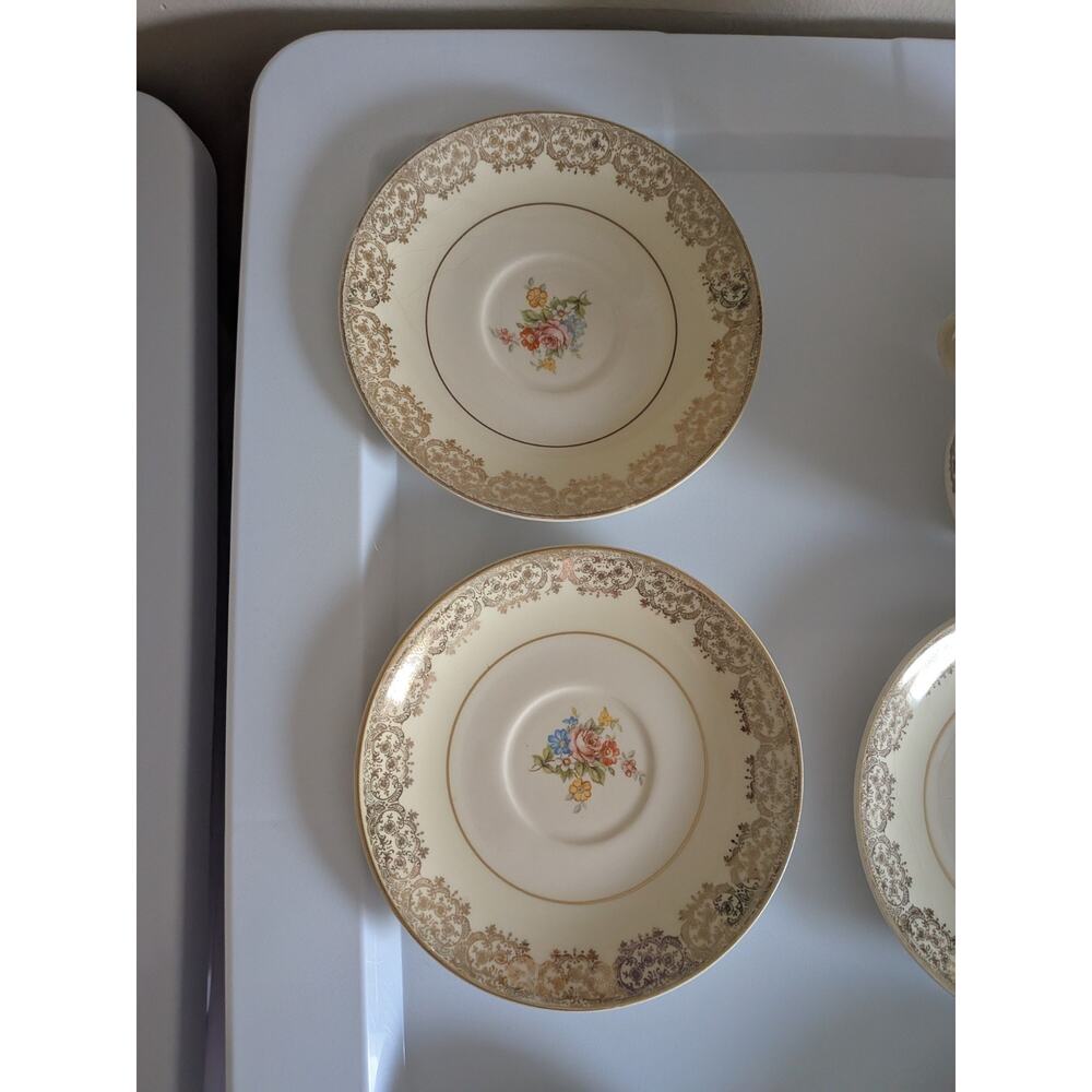 Paden City Pottery Pink Rose Pattern & Gold Trim Set Of 8 Plates & 2 Tea Cups - Picture 3 of 8